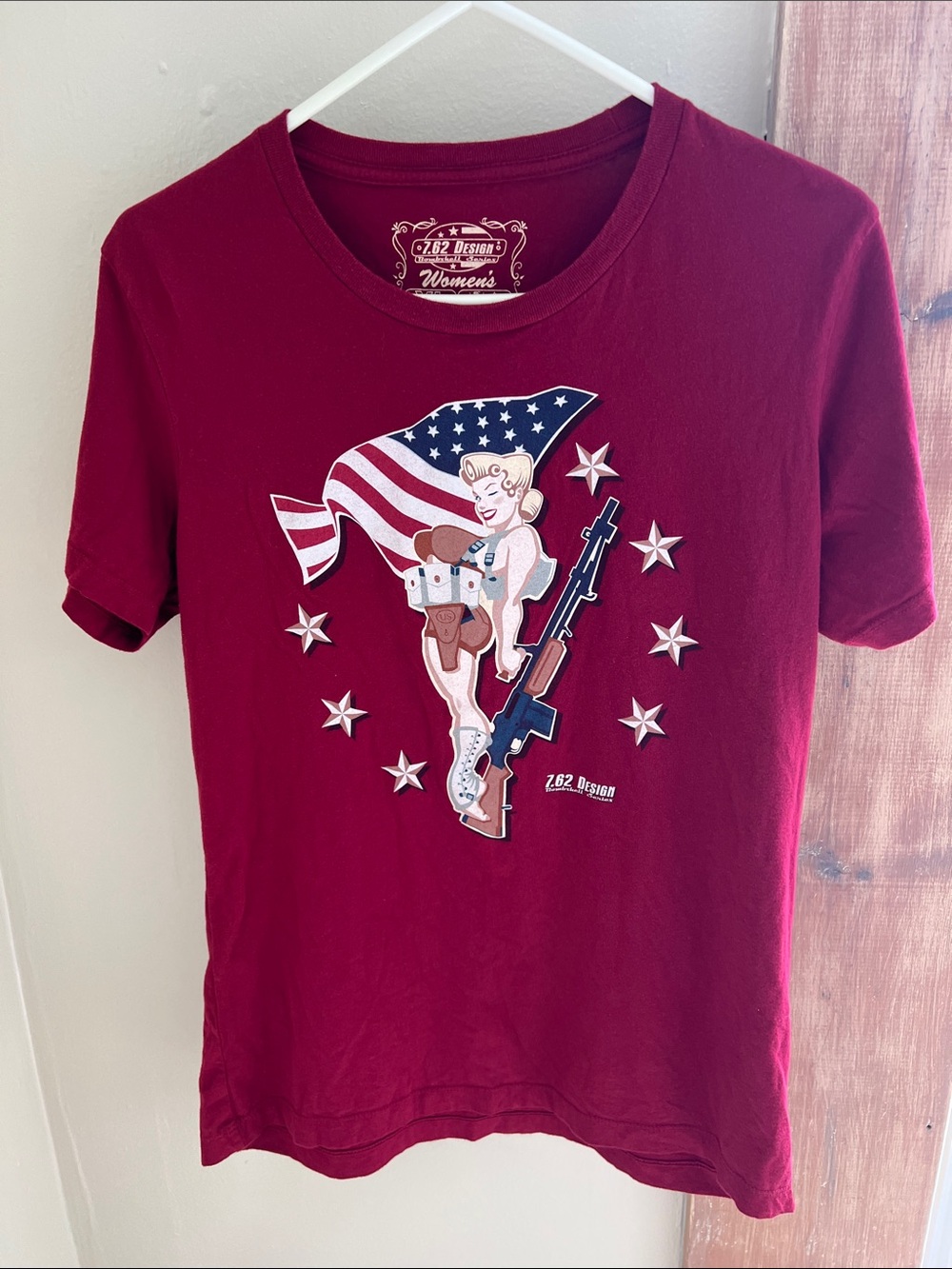 Women's Burgundy Graphic Short-Sleeve Tee with Vintage Pinup and Flag